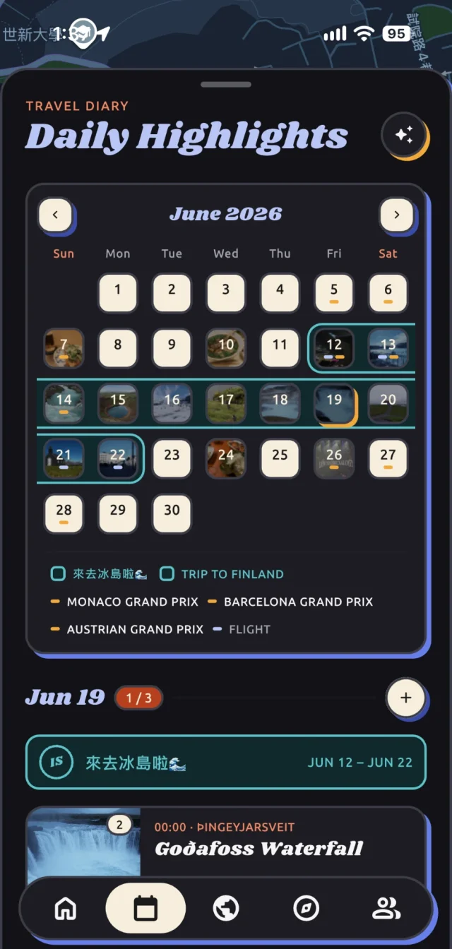 Daily Highlights calendar for June 2026 with photo check-ins and an Iceland trip