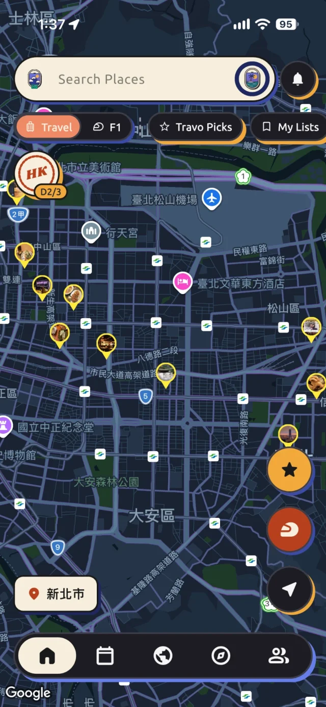 Travo home map of Taipei with photo check-in pins and the Travel and F1 map modes